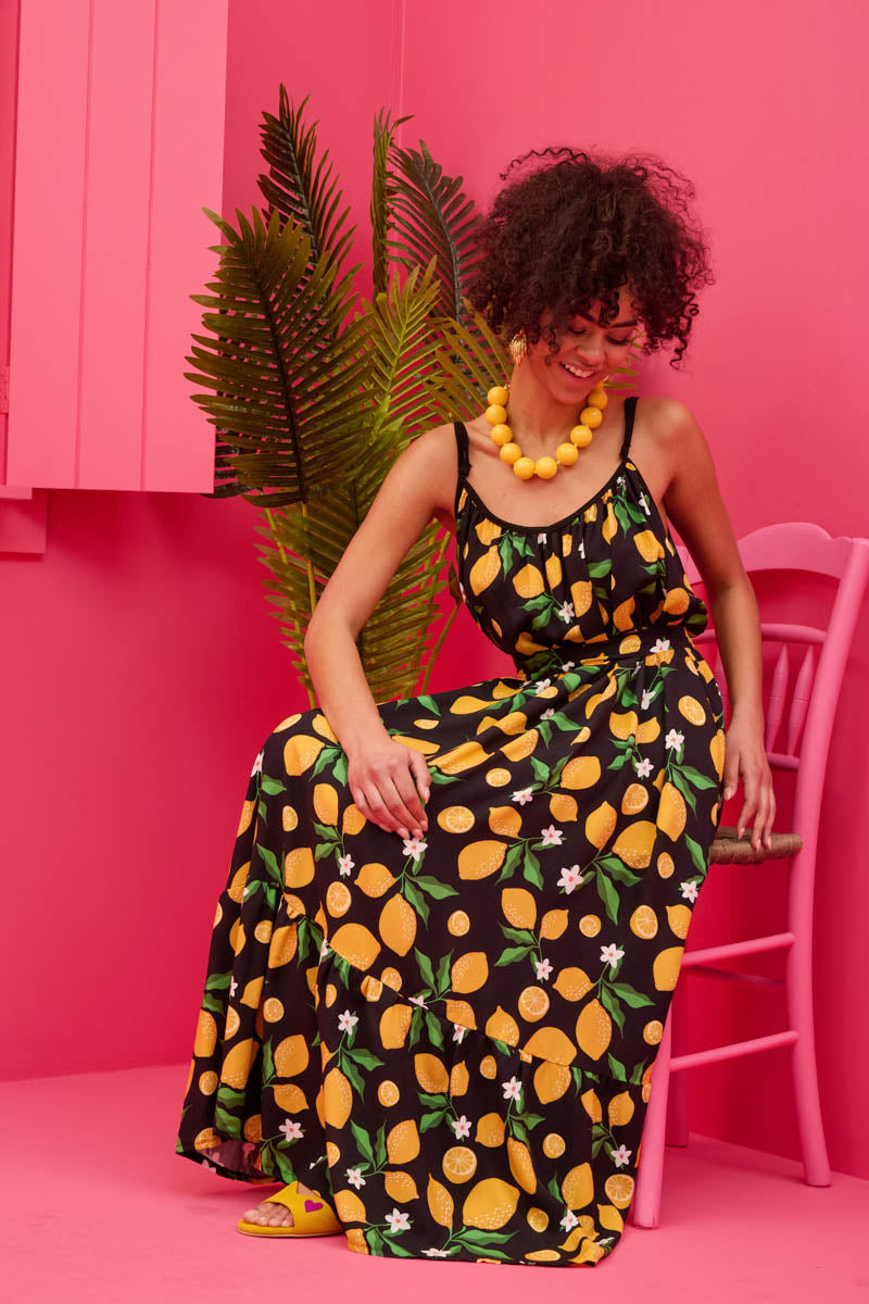 Linda Frill Dress Vis Black Lemons Τιραντέ Φόρεμα με Ζώνη & Τσέπες Petit Boutik