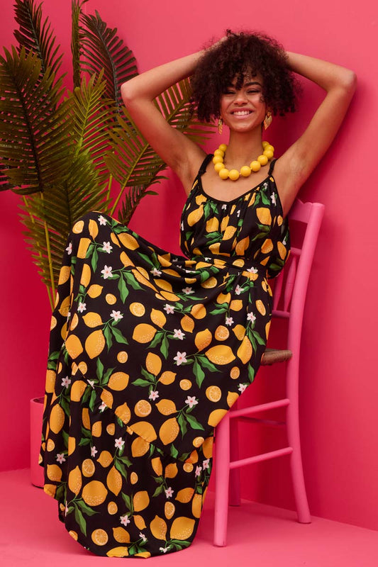 Linda Frill Dress Vis Black Lemons Τιραντέ Φόρεμα με Ζώνη & Τσέπες Petit Boutik