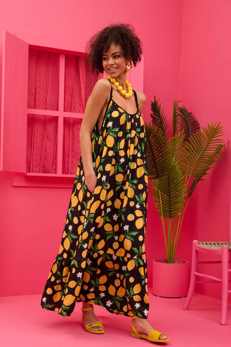 Linda Frill Dress Vis Black Lemons Τιραντέ Φόρεμα με Ζώνη & Τσέπες Petit Boutik