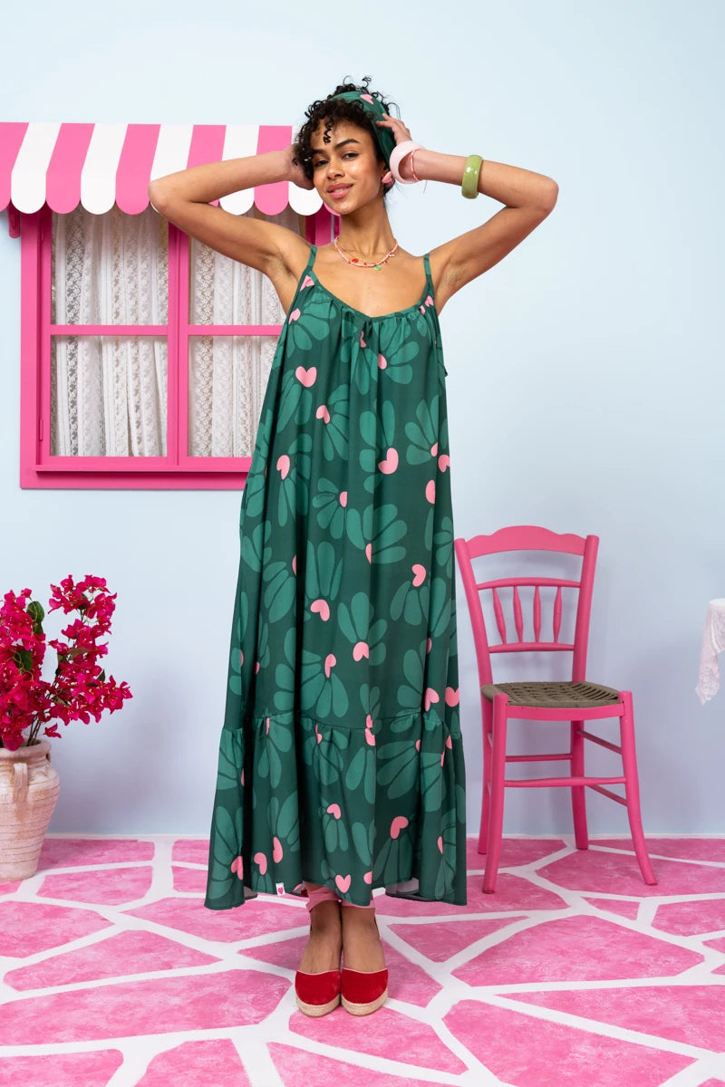 Linda Frill Dress Vis Green Leaves Hearts Τιραντέ Φόρεμα με Ζώνη & Τσέπες Petit Boutik