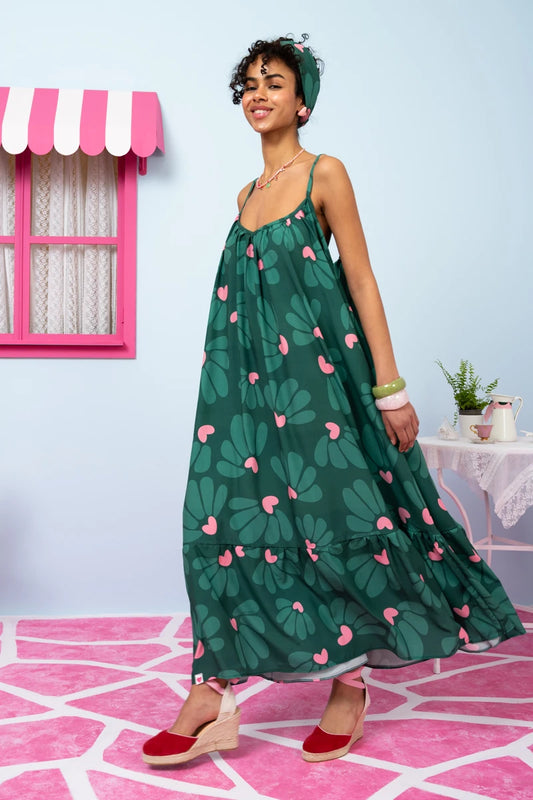 Linda Frill Dress Vis Green Leaves Hearts Τιραντέ Φόρεμα με Ζώνη & Τσέπες Petit Boutik