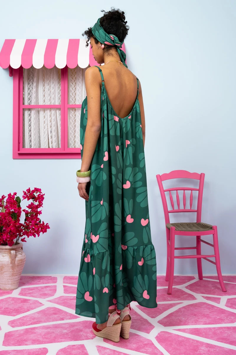 Linda Frill Dress Vis Green Leaves Hearts Τιραντέ Φόρεμα με Ζώνη & Τσέπες Petit Boutik