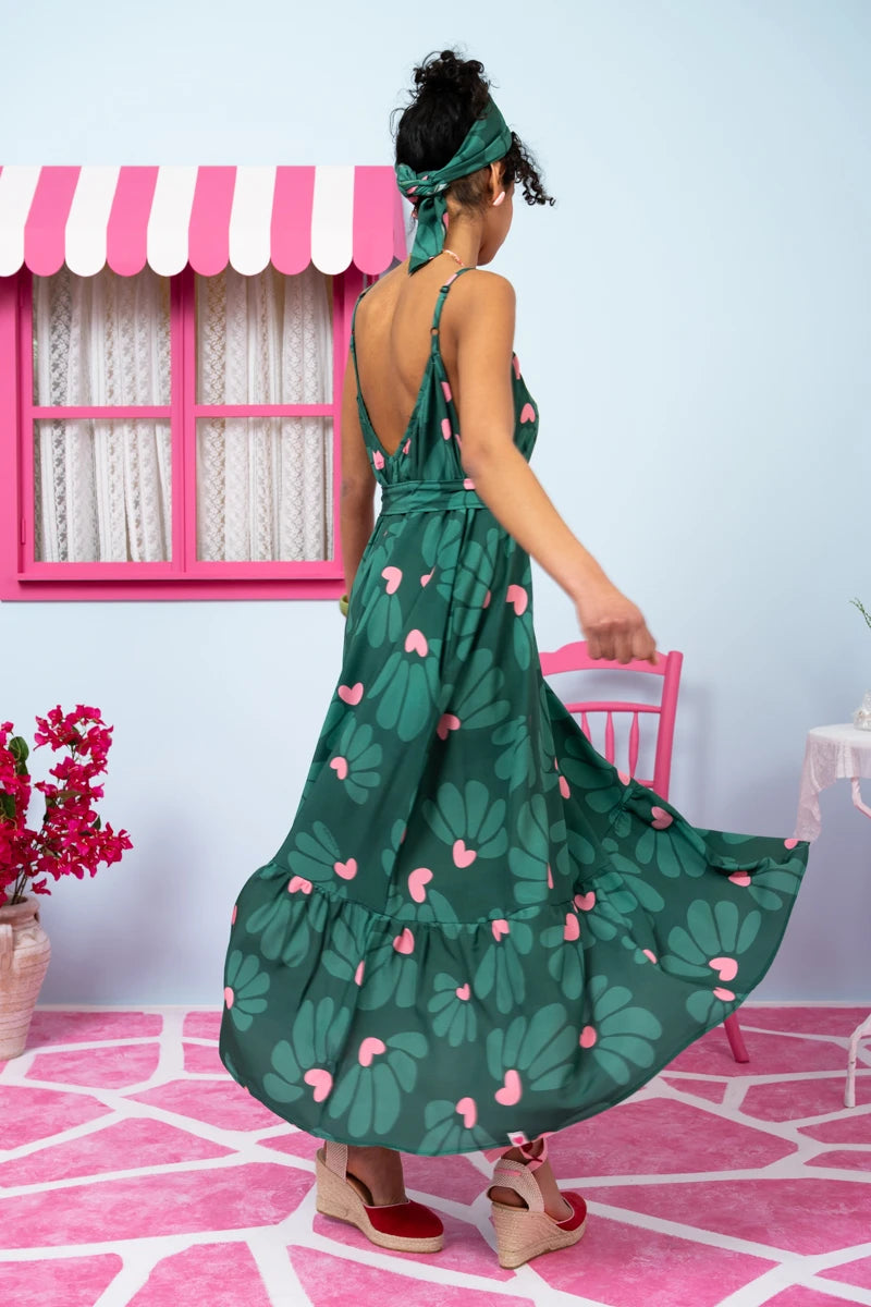 Linda Frill Dress Vis Green Leaves Hearts Τιραντέ Φόρεμα με Ζώνη & Τσέπες Petit Boutik
