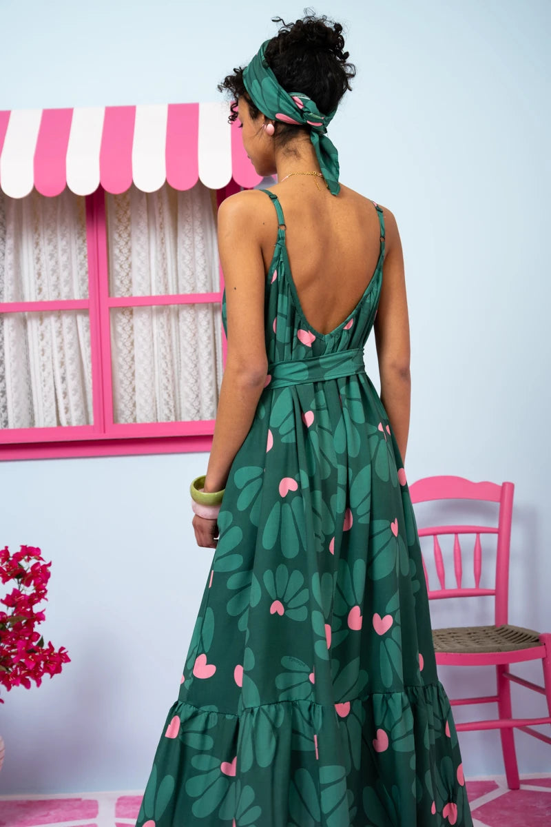 Linda Frill Dress Vis Green Leaves Hearts Τιραντέ Φόρεμα με Ζώνη & Τσέπες Petit Boutik