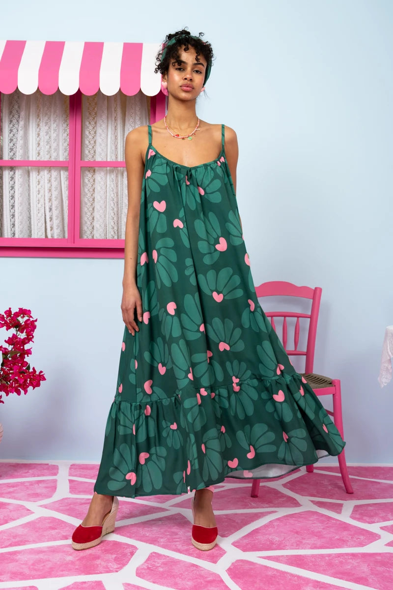 Linda Frill Dress Vis Green Leaves Hearts Τιραντέ Φόρεμα με Ζώνη & Τσέπες Petit Boutik
