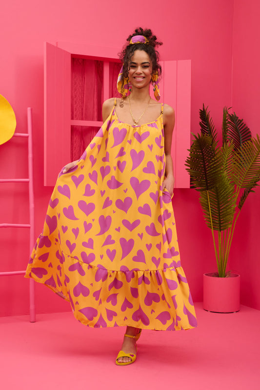 Linda Frill Dress Yellow Magenta Hearts Τιραντέ Φόρεμα με Ζώνη & Τσέπες Petit Boutik