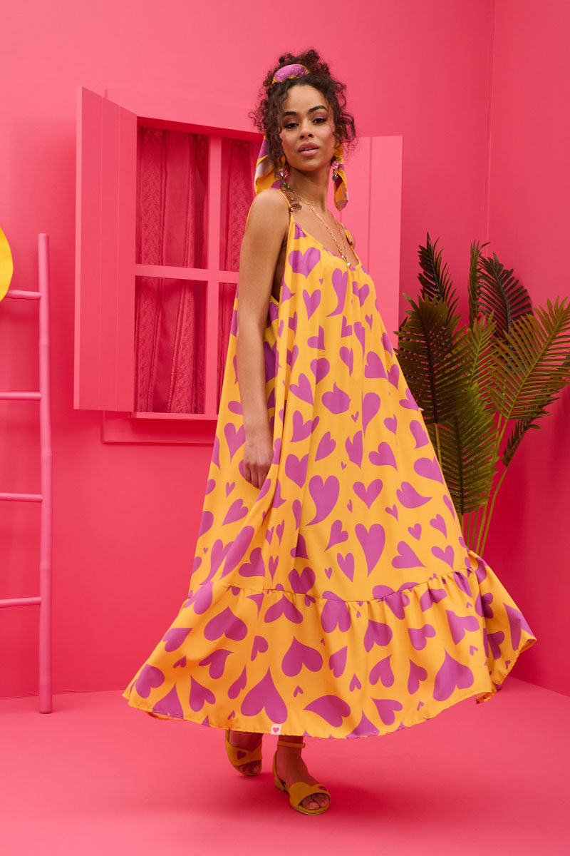 Linda Frill Dress Yellow Magenta Hearts Τιραντέ Φόρεμα με Ζώνη & Τσέπες Petit Boutik