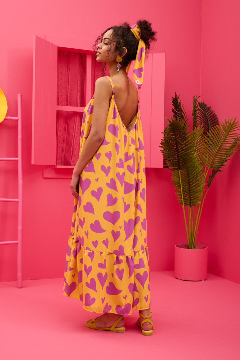 Linda Frill Dress Yellow Magenta Hearts Τιραντέ Φόρεμα με Ζώνη & Τσέπες Petit Boutik