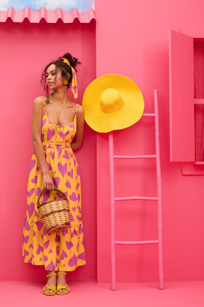 Linda Frill Dress Yellow Magenta Hearts Τιραντέ Φόρεμα με Ζώνη & Τσέπες Petit Boutik