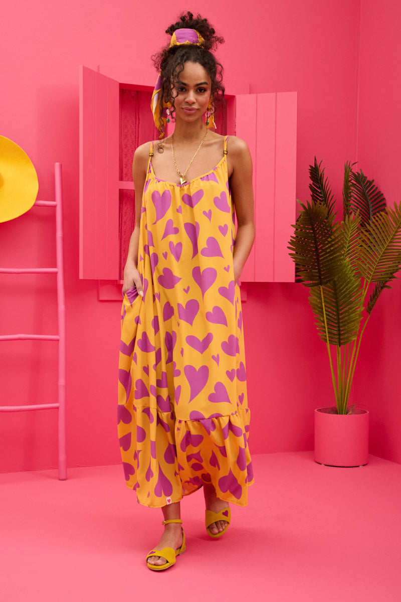 Linda Frill Dress Yellow Magenta Hearts Τιραντέ Φόρεμα με Ζώνη & Τσέπες Petit Boutik