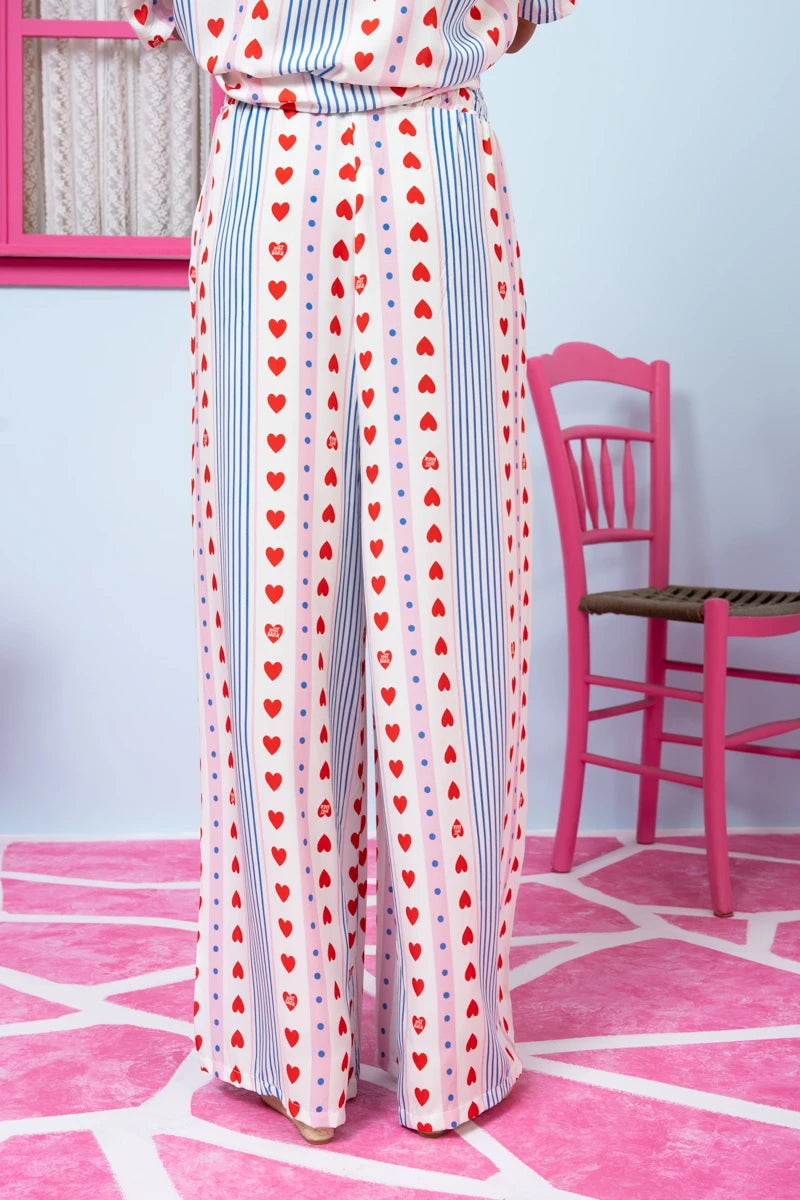 Lora Pants Vis Blue Stripes Red Hearts Παντελόνα με Τσέπες Petit Boutik
