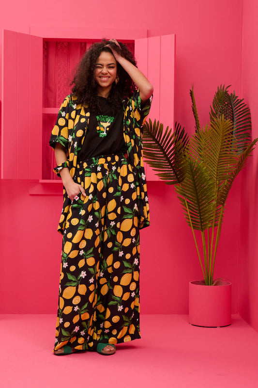 Lora Pants Vis Black Lemons Παντελόνα με Τσέπες Petit Boutik