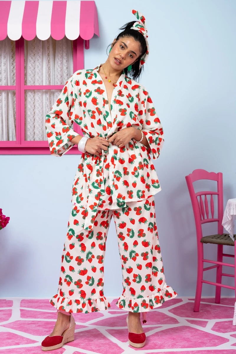 Loucia Kimono White Red Strawberries Κιμονό με Ζώνη Petit Boutik