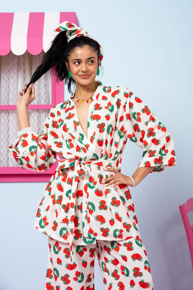 Loucia Kimono White Red Strawberries Κιμονό με Ζώνη Petit Boutik