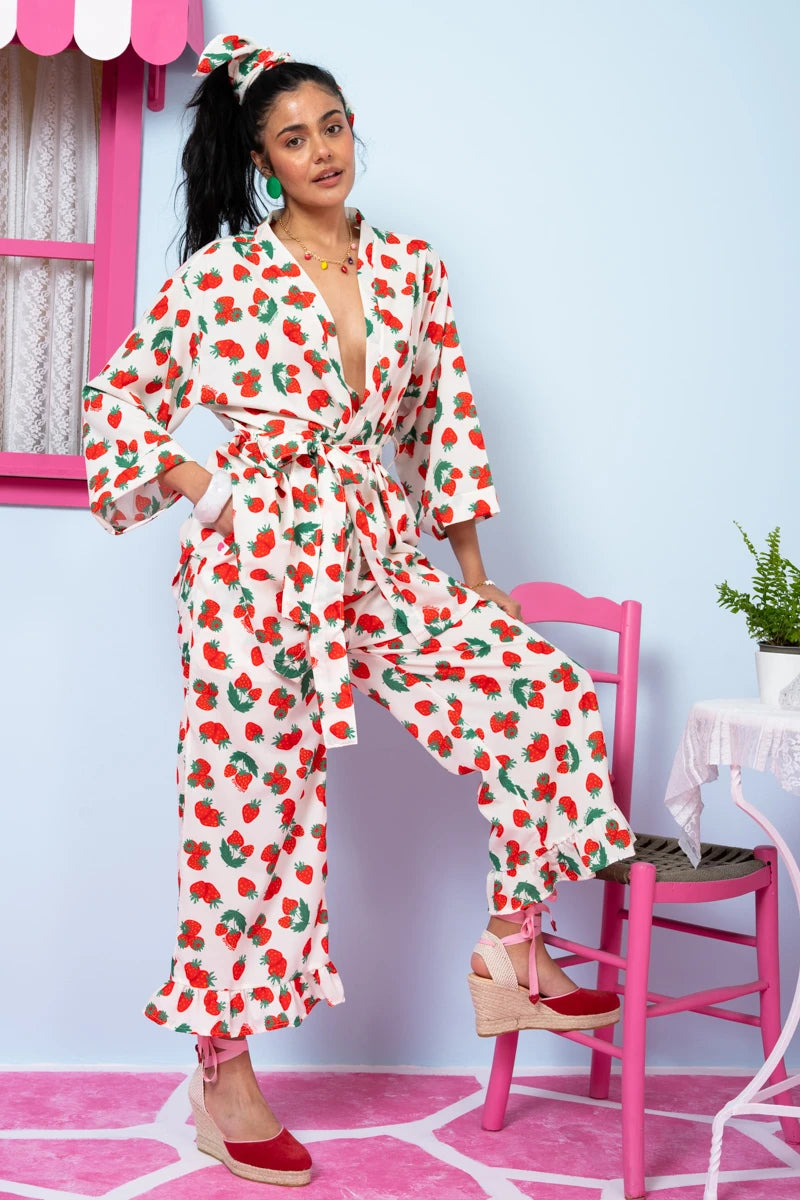 Jo Pants Frill White Red Strawberries Παντελόνα με Τσέπες Petit Boutik