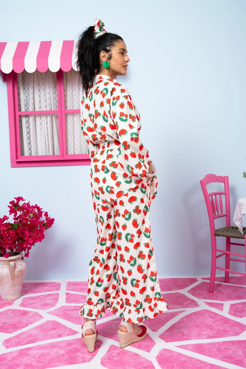 Jo Pants Frill White Red Strawberries Παντελόνα με Τσέπες Petit Boutik