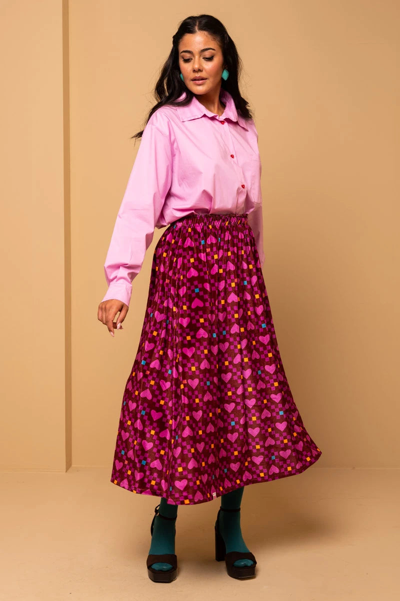 Malena Skirt Magenta Hearts Cubes Βελούδινη Φούστα Petit Boutik