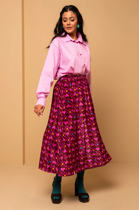 Malena Skirt Magenta Hearts Cubes Βελούδινη Φούστα Petit Boutik