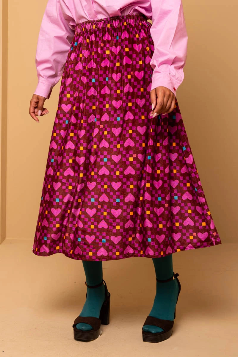 Malena Skirt Magenta Hearts Cubes Βελούδινη Φούστα Petit Boutik