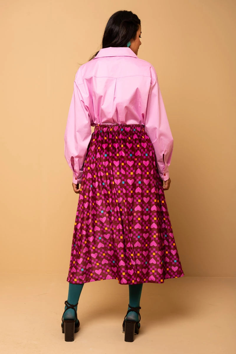 Malena Skirt Magenta Hearts Cubes Βελούδινη Φούστα Petit Boutik