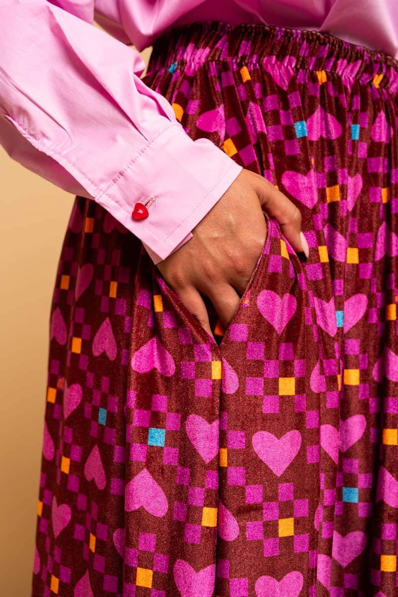 Malena Skirt Magenta Hearts Cubes Βελούδινη Φούστα Petit Boutik