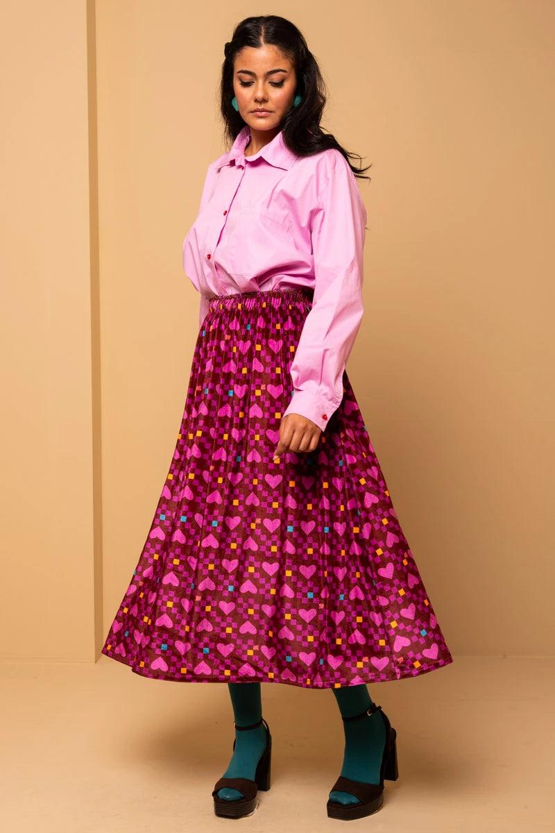 Malena Skirt Magenta Hearts Cubes Βελούδινη Φούστα Petit Boutik