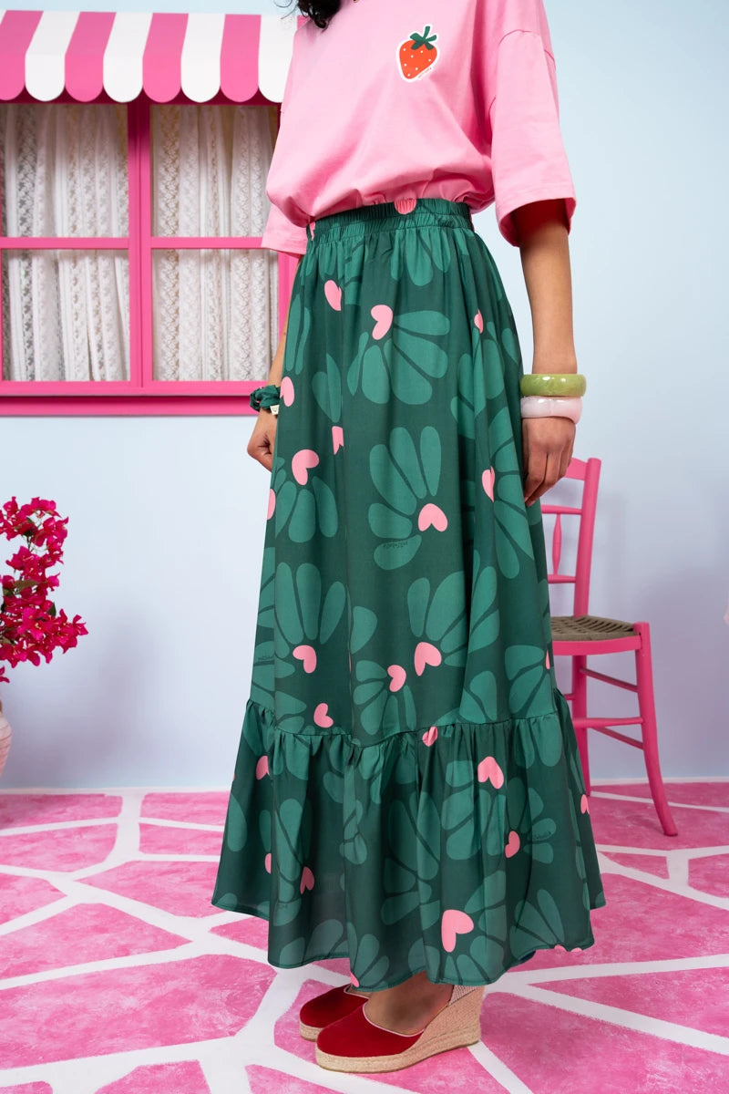 Marea Skirt Vis Green Leaves Hearts Φούστα Petit Boutik