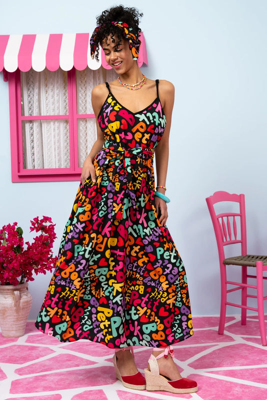 Matina Dress Black Multi Petit Letters Φόρεμα με Ζώνη & Τσέπες Petit Boutik