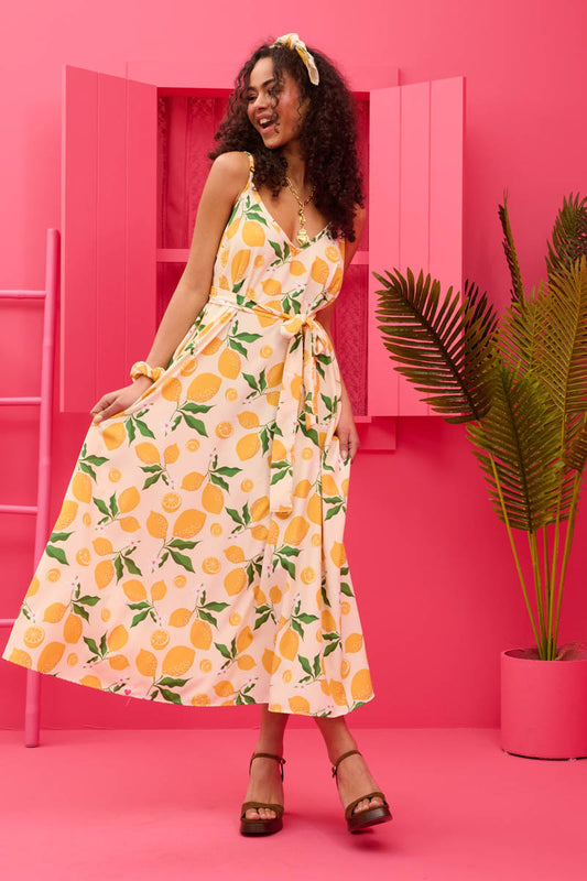 Matina Dress Cream Lemons Φόρεμα με Ζώνη & Τσέπες Petit Boutik