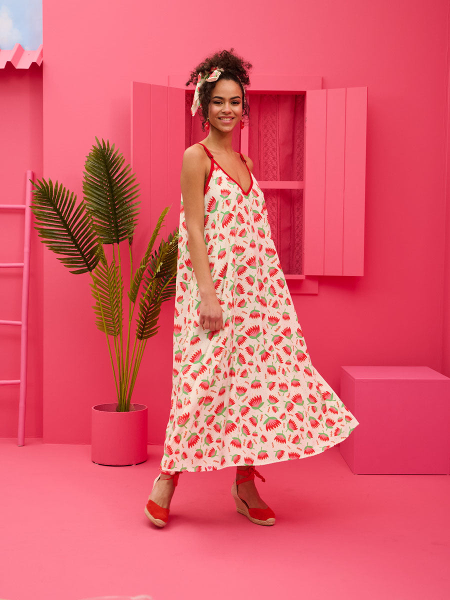 Matina Dress Cream Red Flowers Φόρεμα με Ζώνη & Τσέπες Petit Boutik
