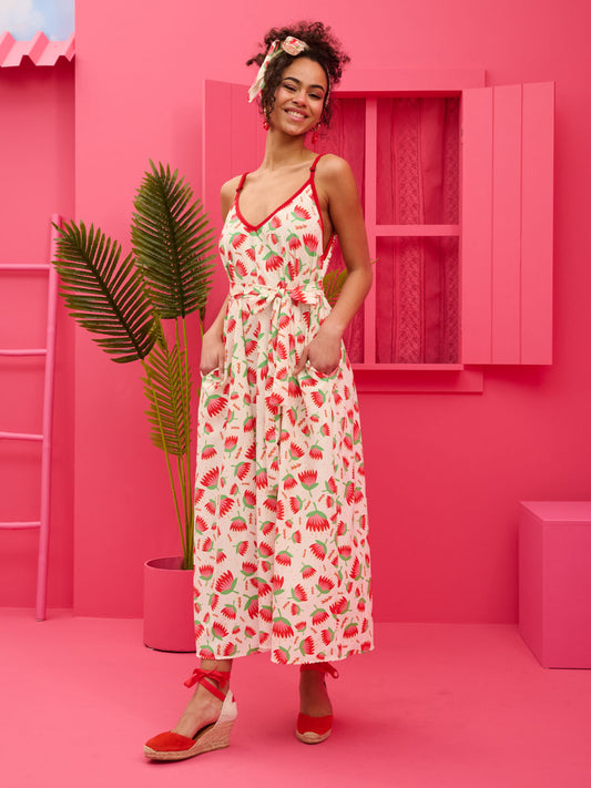 Matina Dress Cream Red Flowers Φόρεμα με Ζώνη & Τσέπες Petit Boutik