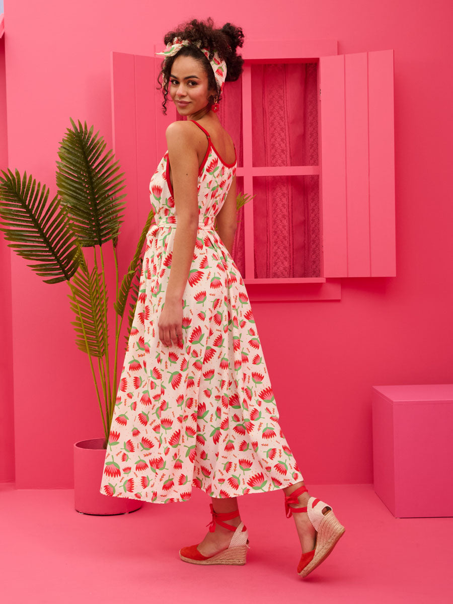 Matina Dress Cream Red Flowers Φόρεμα με Ζώνη & Τσέπες Petit Boutik