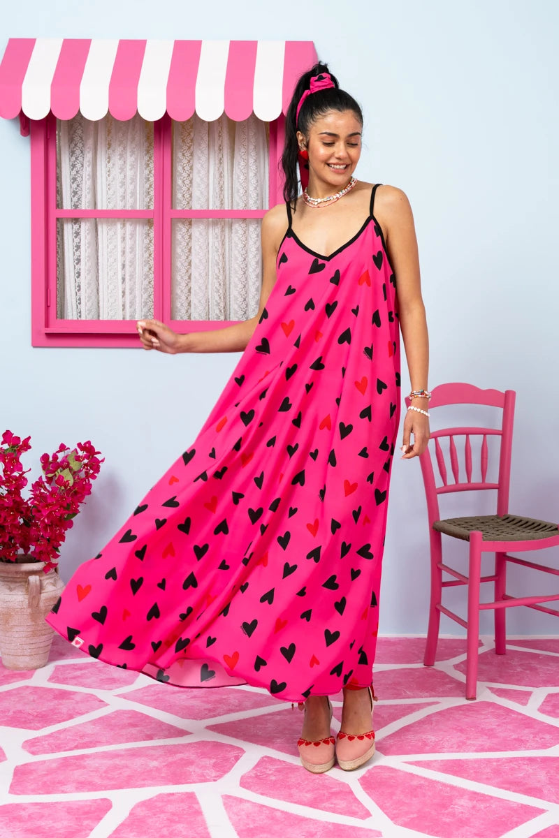 Matina Dress Hot Pink Hearts Black Φόρεμα με Ζώνη & Τσέπες Petit Boutik