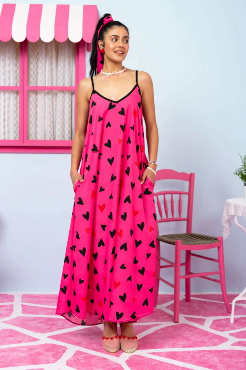 Matina Dress Hot Pink Hearts Black Φόρεμα με Ζώνη & Τσέπες Petit Boutik