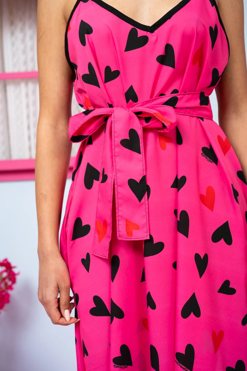 Matina Dress Hot Pink Hearts Black Φόρεμα με Ζώνη & Τσέπες Petit Boutik