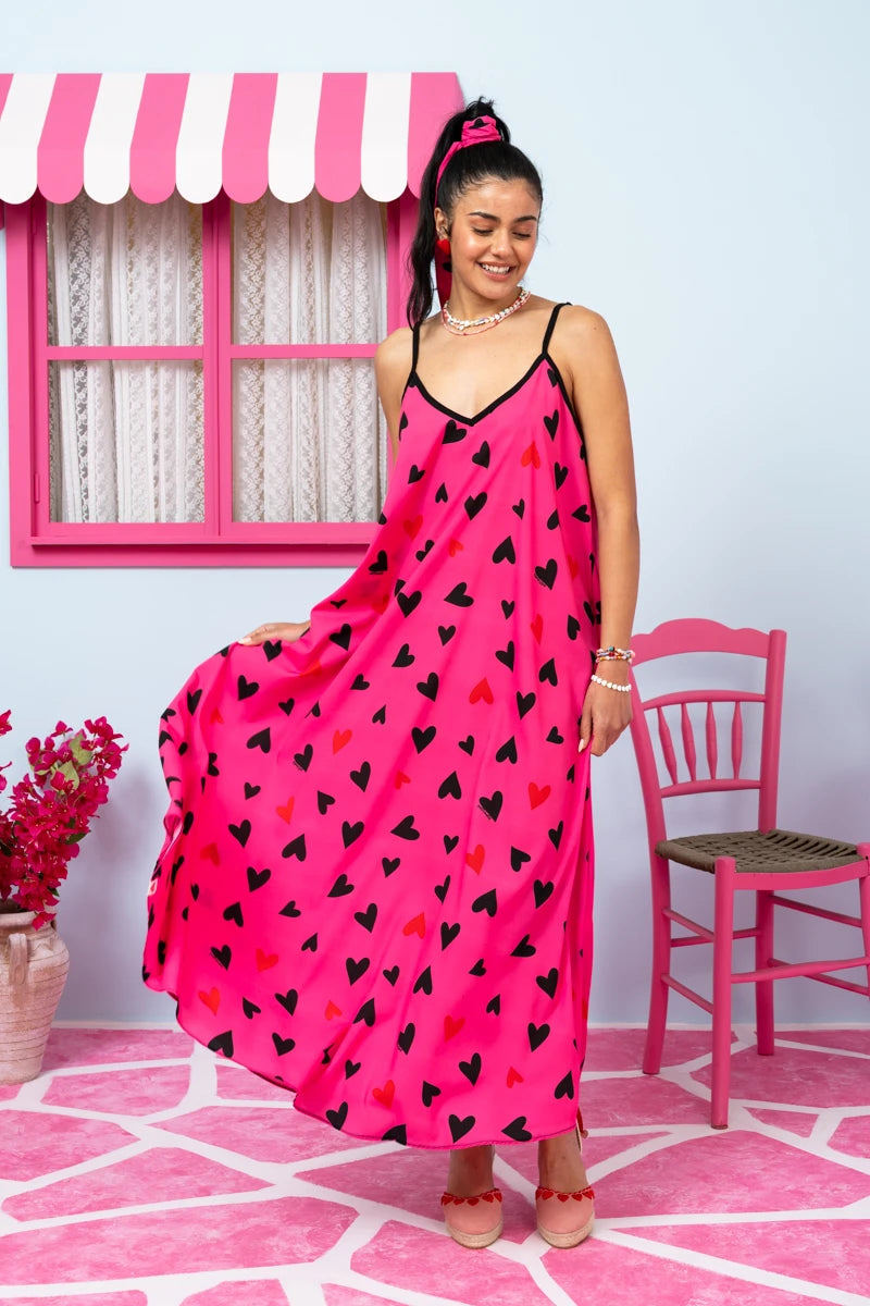 Matina Dress Hot Pink Hearts Black Φόρεμα με Ζώνη & Τσέπες Petit Boutik