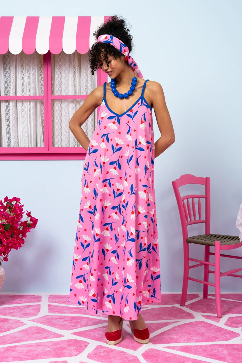 Matina Dress Pink Floral Blue Leaves Φόρεμα με Ζώνη & Τσέπες Petit Boutik