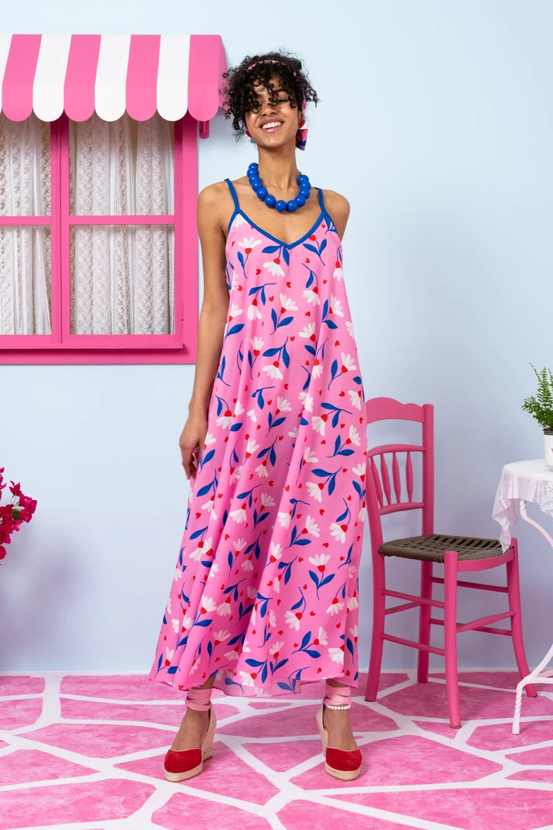 Matina Dress Pink Floral Blue Leaves Φόρεμα με Ζώνη & Τσέπες Petit Boutik