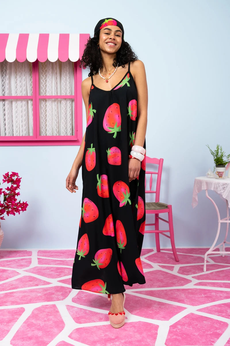 Matina Dress Vis Black Big Strawberries Φόρεμα με Ζώνη & Τσέπες Petit Boutik
