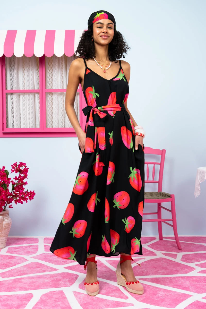 Matina Dress Vis Black Big Strawberries Φόρεμα με Ζώνη & Τσέπες Petit Boutik