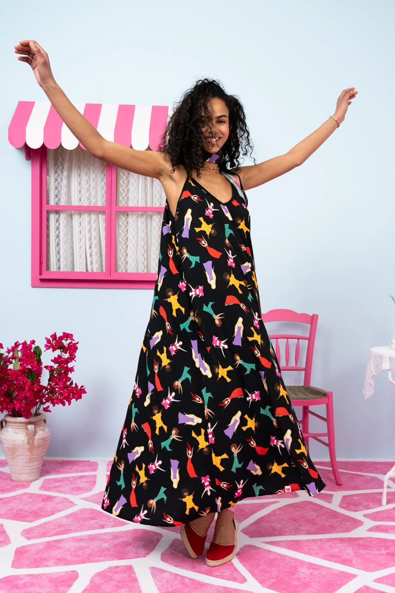 Matina Dress Vis Black Dancing Girls Φόρεμα με Ζώνη & Τσέπες Petit Boutik