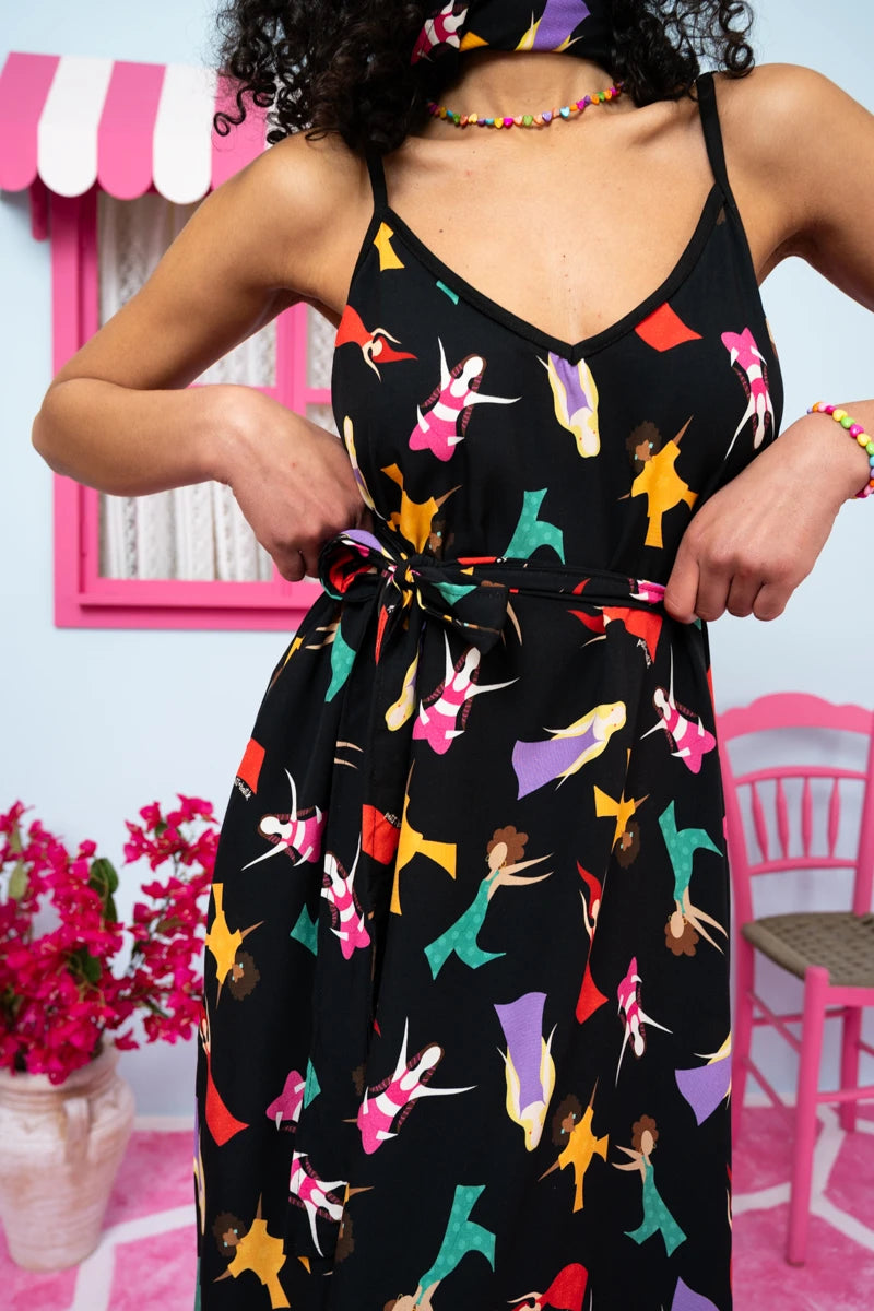 Matina Dress Vis Black Dancing Girls Φόρεμα με Ζώνη & Τσέπες Petit Boutik