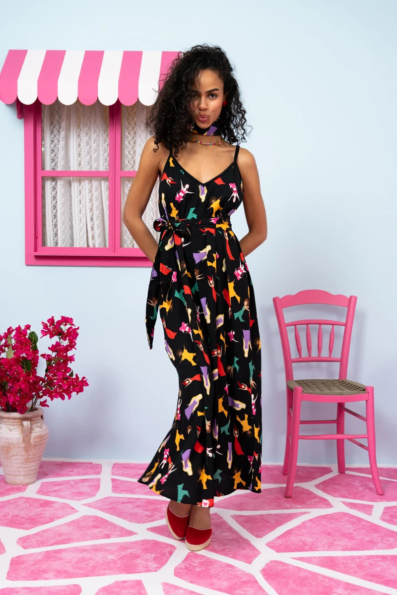Matina Dress Vis Black Dancing Girls Φόρεμα με Ζώνη & Τσέπες Petit Boutik