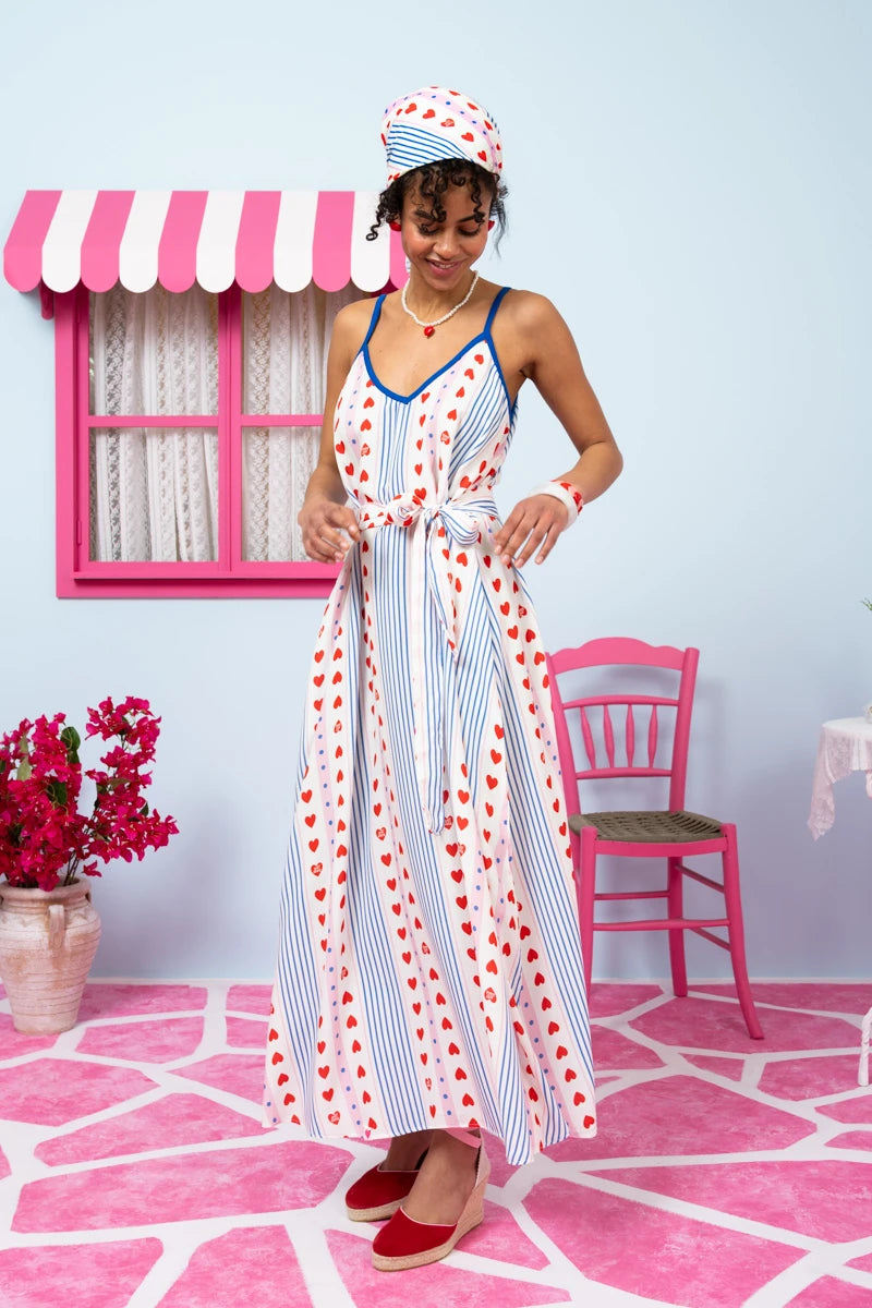 Matina Dress Vis Blue Stripes Red Hearts Φόρεμα με Ζώνη & Τσέπες Petit Boutik