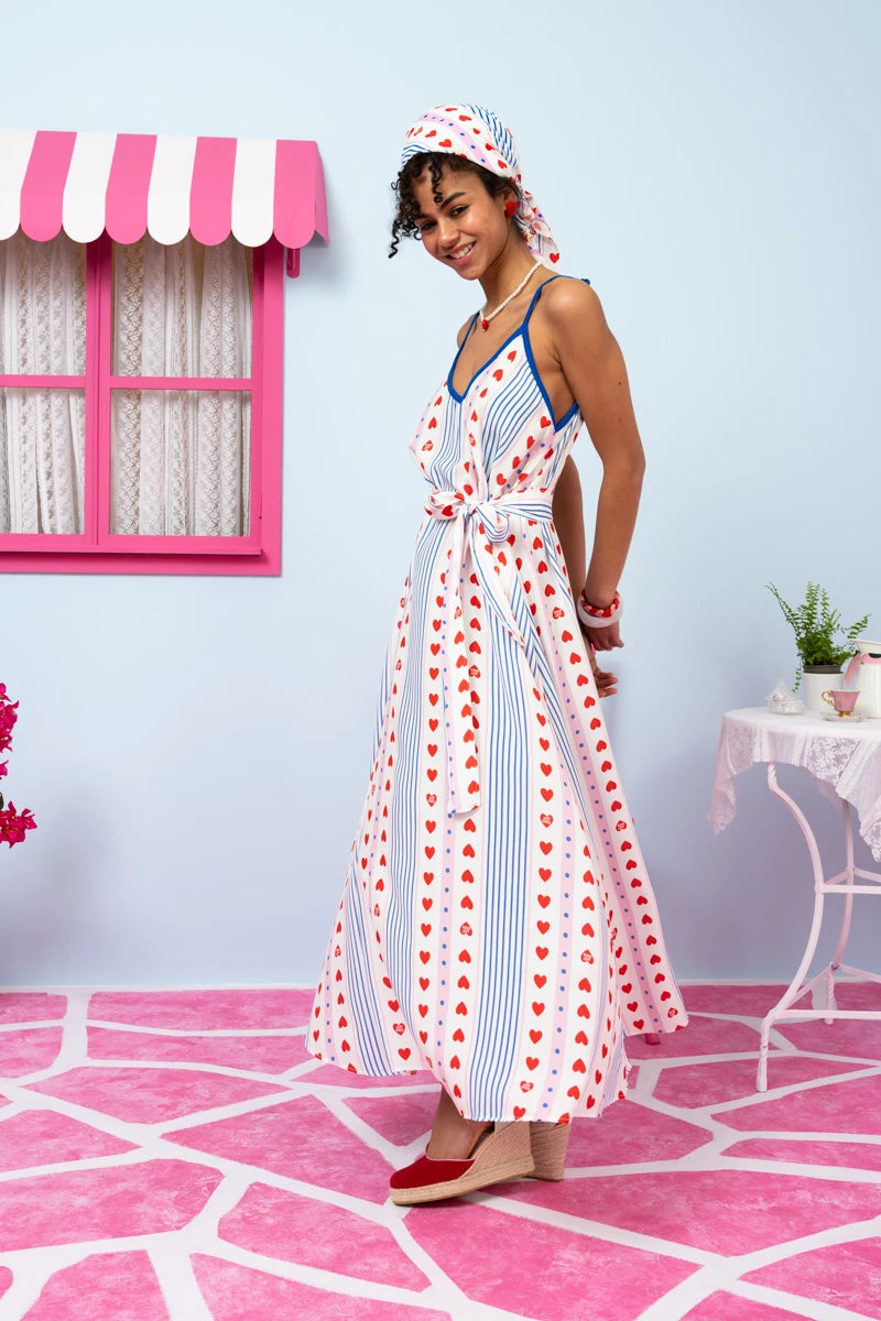 Matina Dress Vis Blue Stripes Red Hearts Φόρεμα με Ζώνη & Τσέπες Petit Boutik