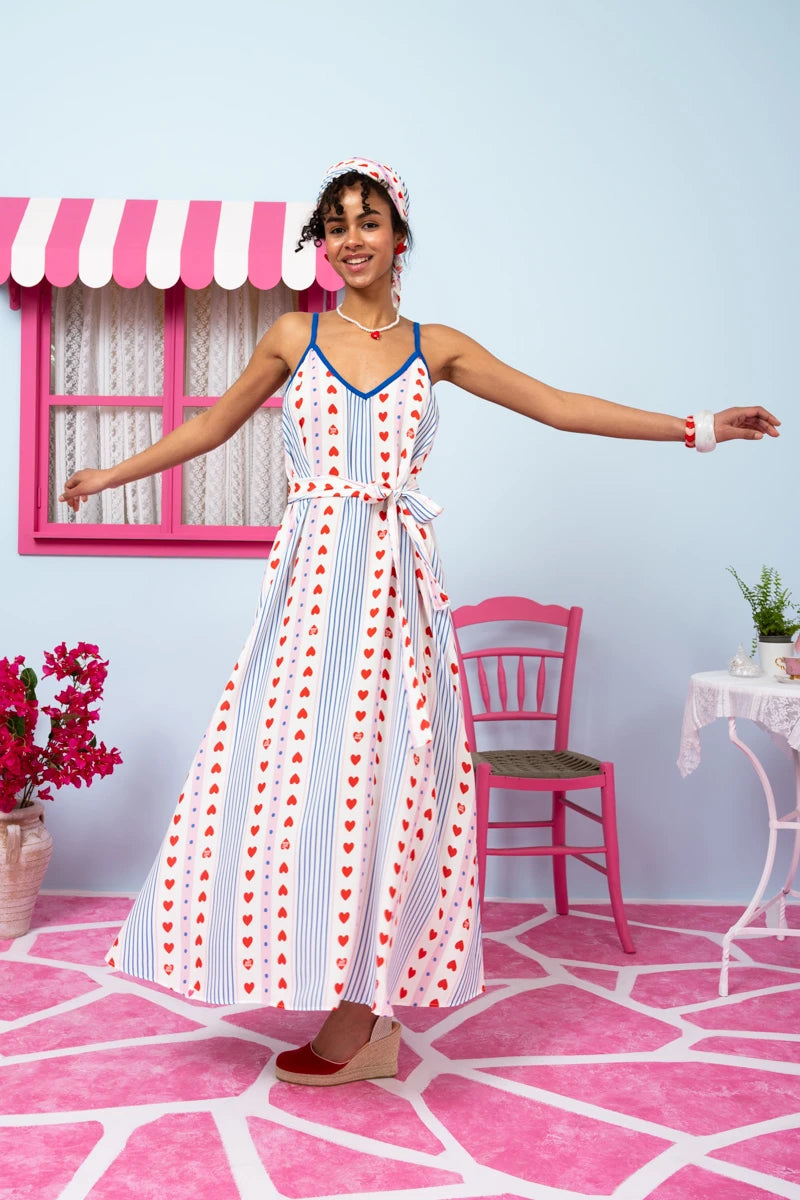 Matina Dress Vis Blue Stripes Red Hearts Φόρεμα με Ζώνη & Τσέπες Petit Boutik