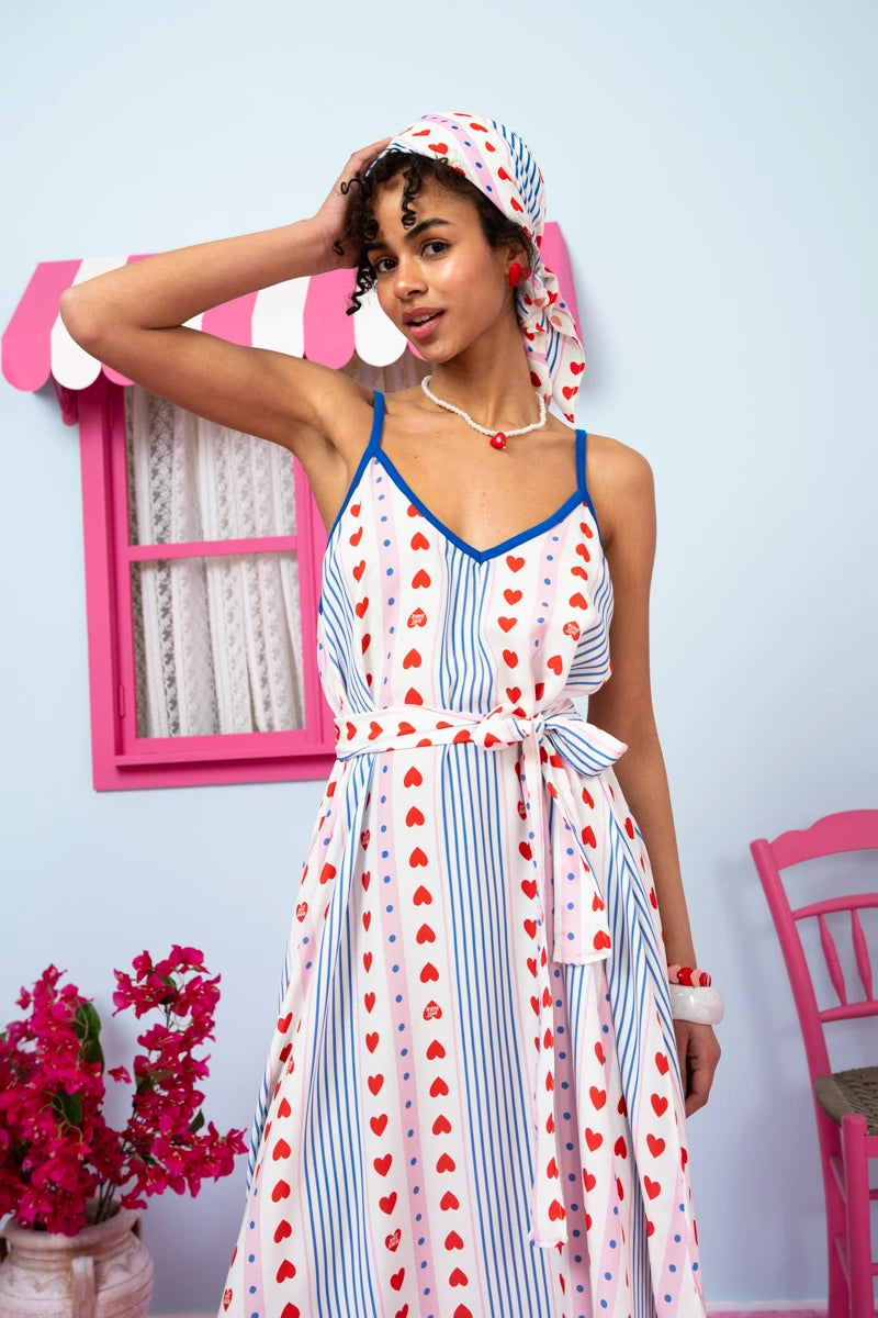 Matina Dress Vis Blue Stripes Red Hearts Φόρεμα με Ζώνη & Τσέπες Petit Boutik