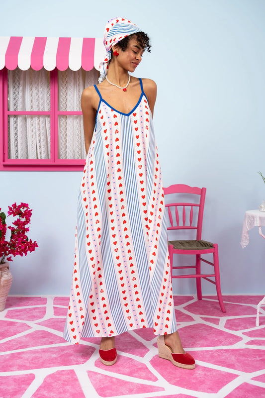 Matina Dress Vis Blue Stripes Red Hearts Φόρεμα με Ζώνη & Τσέπες Petit Boutik