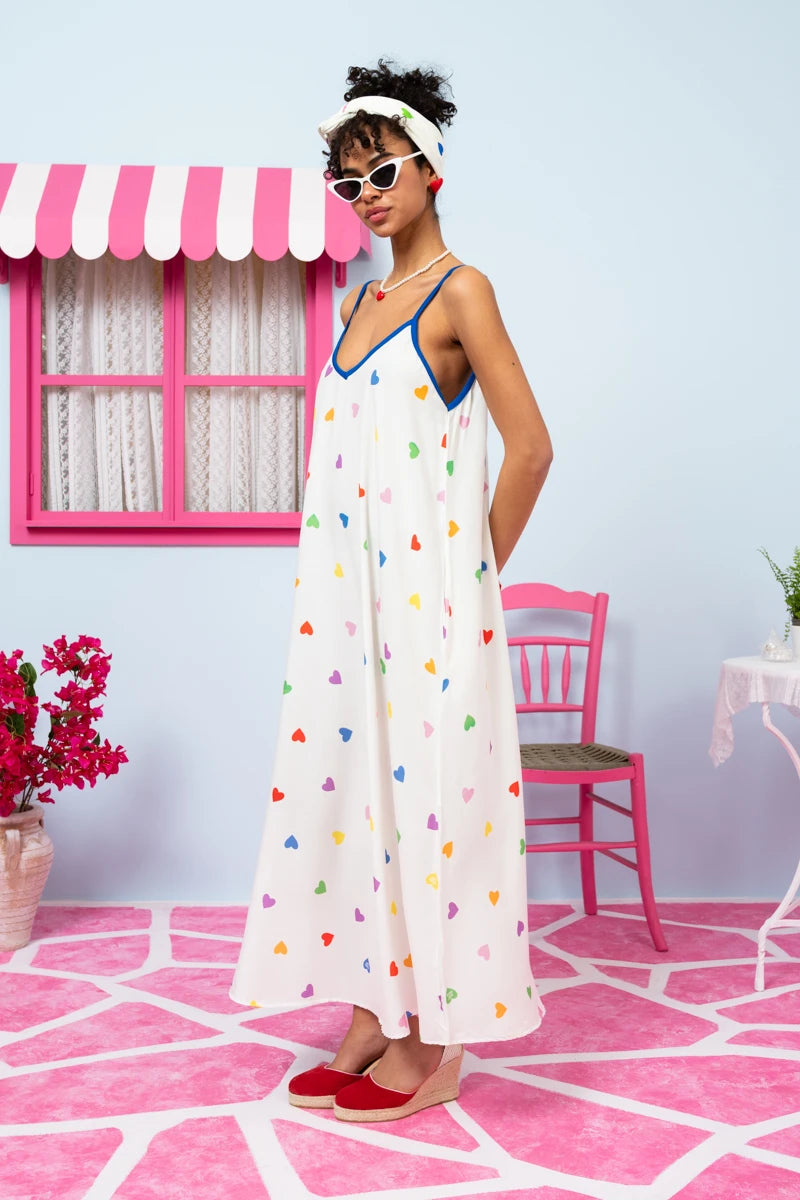 Matina Dress Vis Cream Hearts Rainbow Color Φόρεμα με Ζώνη & Τσέπες Petit Boutik