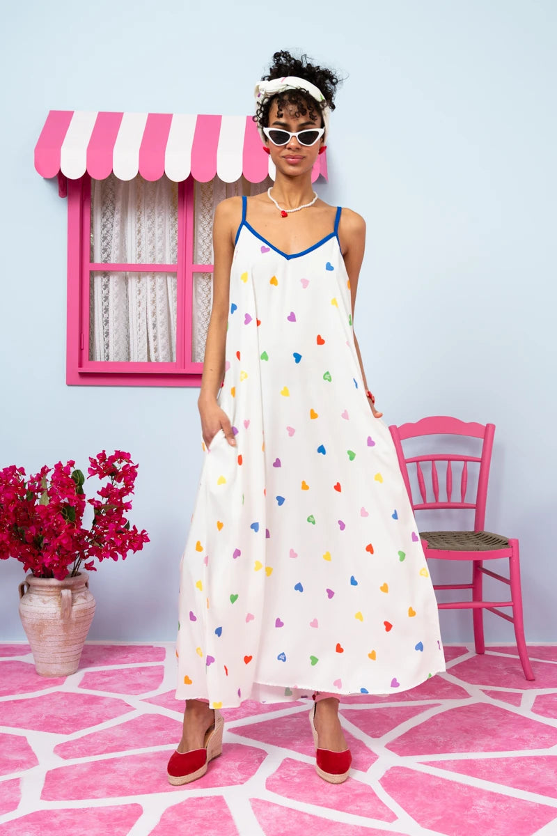 Matina Dress Vis Cream Hearts Rainbow Color Φόρεμα με Ζώνη & Τσέπες Petit Boutik